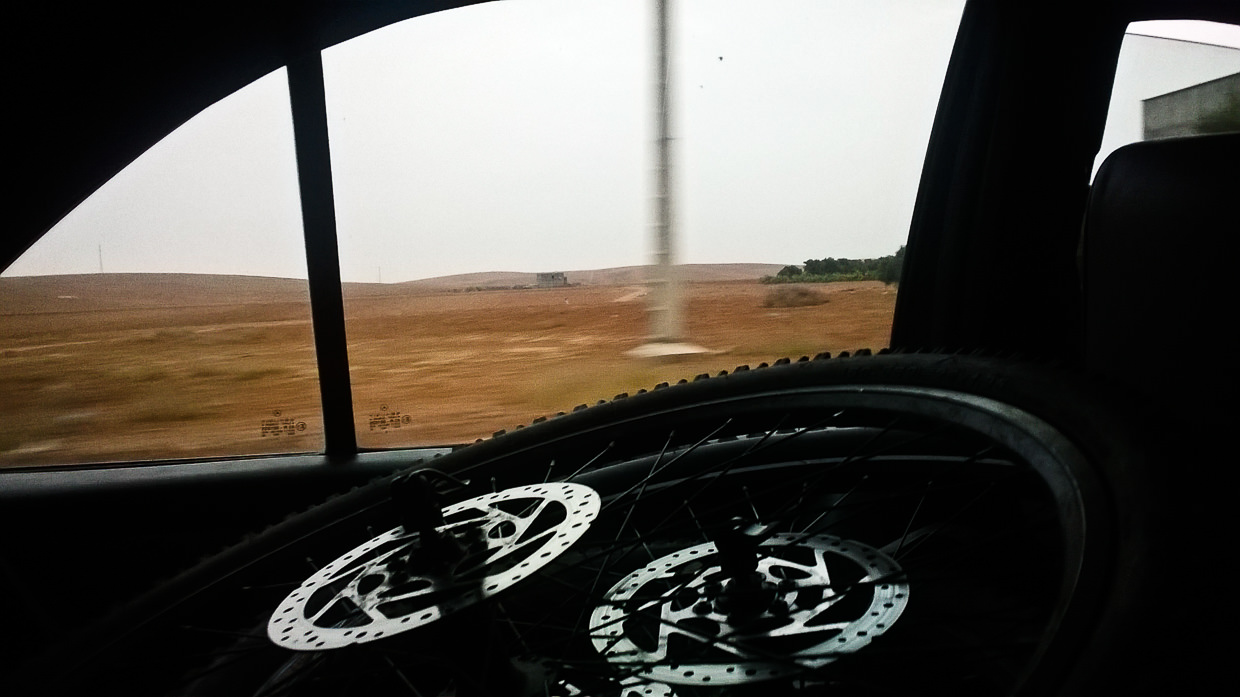 Mountain bike wheels in Marrakesh taxi driver´s car